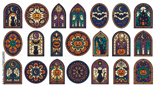 Halloween Halloween stained glass window vector set, collection of spooky icons, jack o lantern, black cat, bat, haunted house, witch, mandala, gothic arches, occult symbols