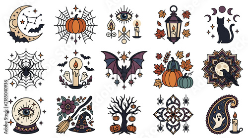 Halloween Vintage Halloween vector icons set with magical elements. Retro witch hat, pumpkin, bat, black cat, and spiderweb collection. Mystical occult symbols, candles
