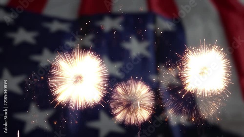 USA flag with fireworks loop. 3D render. American flag waving with fireworks celebration in loop. Independence day, 4th of july, New Year's eve, Veterans Day.