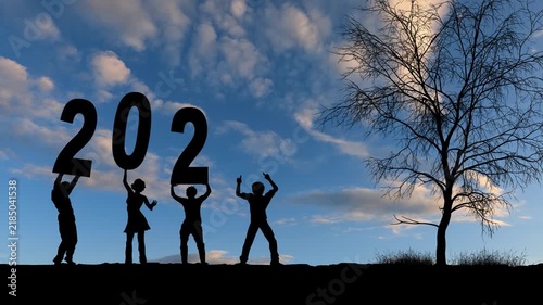 happy new year 2026 to 2027 industry crane in sky animation. Friends holding the numbers for a new business idea new year.