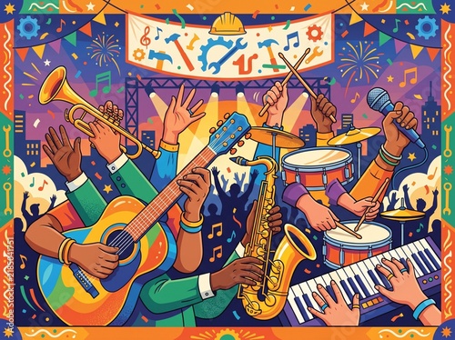 Labor Day poster. Happy Labor Day celebration. Hands with instruments. Vector illustration.