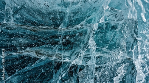 Closeup of icy glacier water splashing and cracking with blue tones