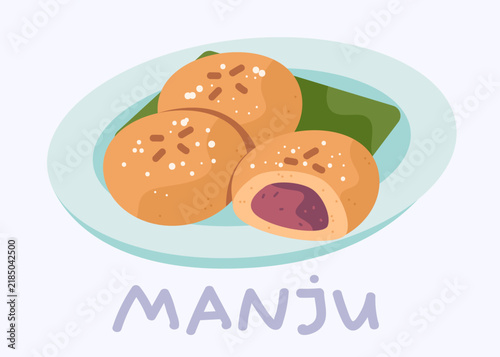 Cartoon Japanese Manju dessert vector illustration with traditional red bean paste filled steamed buns on plate