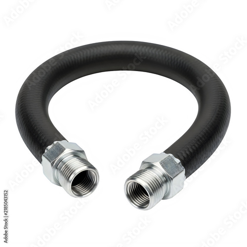 Black rubber industrial hose with metal threaded fittings isolated on white background.
