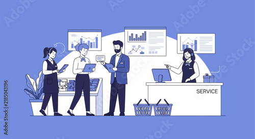 Retail professionals analyzing sales data and collaborating in a modern store environment.