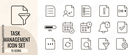 Task management outline icons collection featuring checklist calendar schedule progress bar document filter search notification symbols for business workflow organization.
