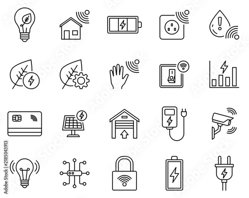 Smart home and green energy outline icon set for IoT automation, renewable power, electric vehicle charging, and smart security system