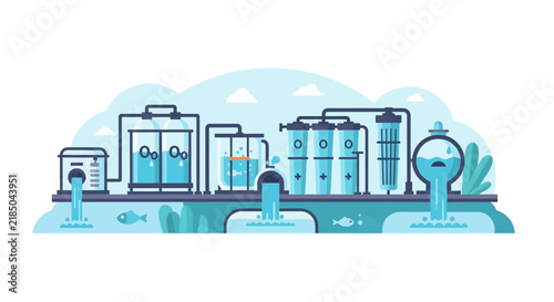 Flat vector illustration of a water treatment plant featuring filtration systems and ecological sustainability concepts.