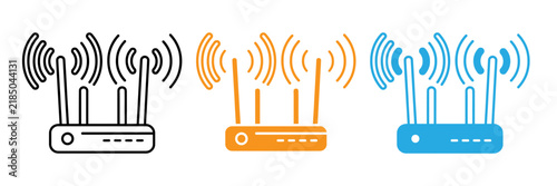Three modern routers with wireless signal icons in different colors isolated on transparent background, Vector