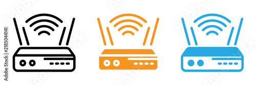Three modern router icons with wireless signal bars isolated on transparent background, Vector