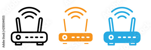 Three wireless router icons with signal strength indicators isolated on transparent background, Vector
