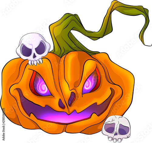 Haunted Pumpkin with Purple Glowing Skulls