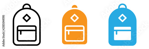 Three colorful backpack icons in a row isolated on transparent background, Vector