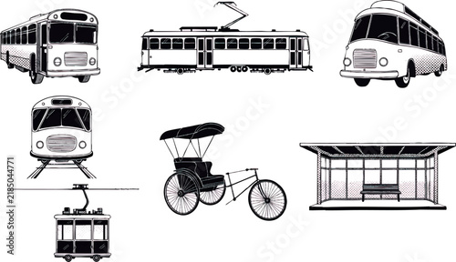 Vintage public transportation vector set containing eight separate isolated objects: classic city bus, vintage tram, trolleybus, subway train, old taxi, traditional rickshaw, mountain cable car