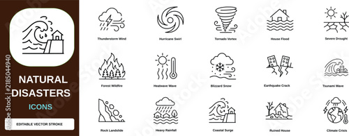 Foto Natural disasters editable line icons set featuring storm hurricane flood landslide forest wildfire and catastrophic weather events
