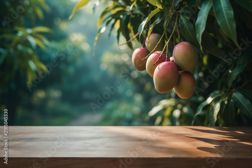 Fresh ripe mangoes hanging on a tree in a lush green orchard during a sunny morning with tropical agriculture plantation colorful sunlight delicious farmhouse cultivation environment
