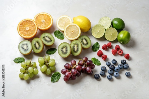 Arrangement of fresh sliced citrus and assorted fruits on light background with assorted blueberry raspberry nutrition vitamins refreshing ingredient background colorful composition prepared