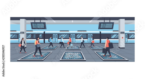 Modern Subway Station Platform with Commuters and Train Flat Vector Illustration