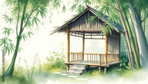Serene Bamboo Hut Surrounded by Lush Greenery in Tranquil Nature Setting with Soft Lighting and Peaceful Atmosphere