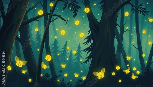 Enchanted Forest with Glowing Fireflies and Mystical Atmosphere at Twilight