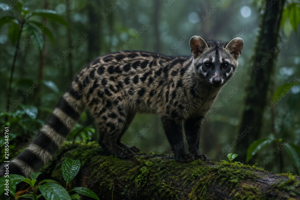 Fototapeta premium Wild African civet on mossy log in dim rainforest, spotted coat and dark face mask, wildlife and nature concept
