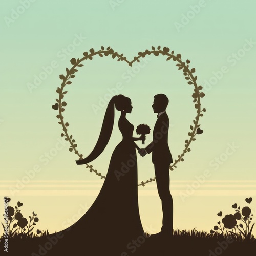Silhouette of a Romantic Couple in Love Surrounded by Floral Heart Design on a Beautiful Sunset Background