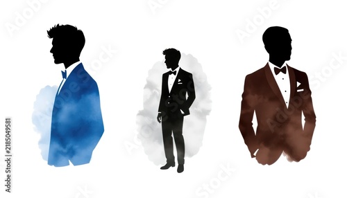 Elegant Silhouettes of Men in Tuxedos Surrounded by Colorful Smoky Backgrounds for Formal and Fashion Concepts