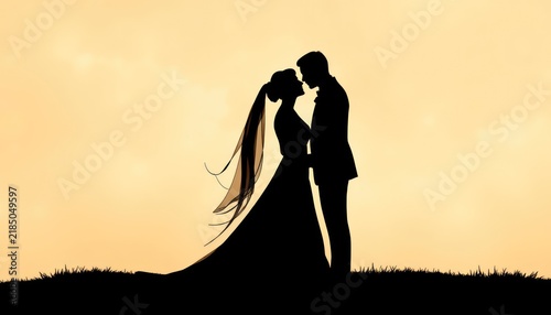 Romantic Silhouette of Bride and Groom Embracing in Front of Sunset with Dreamy Soft Background and Flowing Hair on a Beautiful Evening