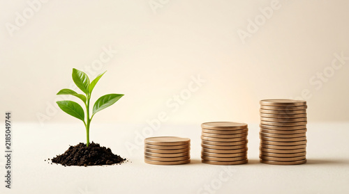 Passive income concept with Healthy green sprout beside three gently rising stacks of coins, professional future planning concept, in a polished commercial setting