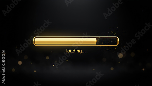Golden digital loading bar with soft sparkles and bokeh light effects on dark background, created with generative ai.
