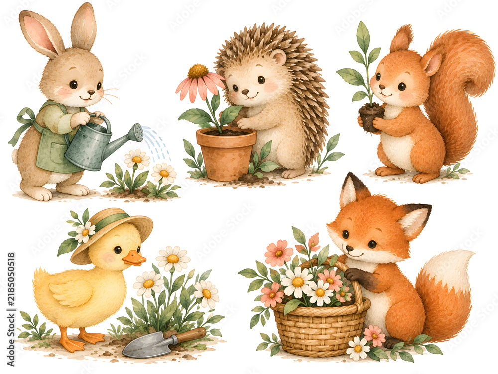 Fototapeta premium Watercolor Woodland Animals Gardening Set with Cute Bunny Hedgehog Squirrel Fox and Duck