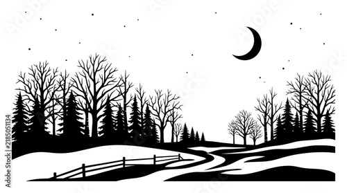 Illustration of Winter Moon, silhouette vector illustration, solid black shapes, high contrast, minimalist design, white background, no gradients or shading, no text