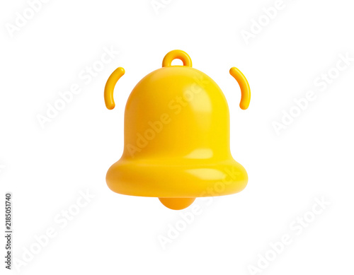 Glossy yellow ringing bell icon for alarm notification reminder sound and mobile app alert on isolated background
