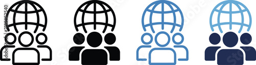 Global community icon set, people group with globe symbol, international connection and networking concept