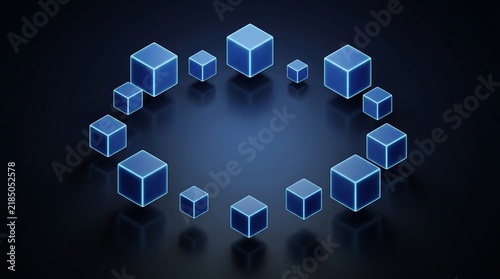 Abstract digital background featuring a circular arrangement of glowing blue cubes representing blockchain technology and data connectivity
