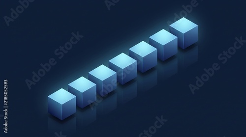 A row of glowing blue isometric cubes arranged diagonally on a dark background representing digital data progress