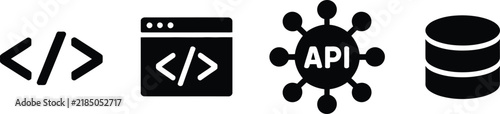 Set of software development icons including code, web development, api integration, and database storage