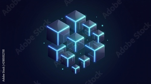 Abstract digital background featuring a cluster of glowing 3d cubes with neon blue light lines on dark background
