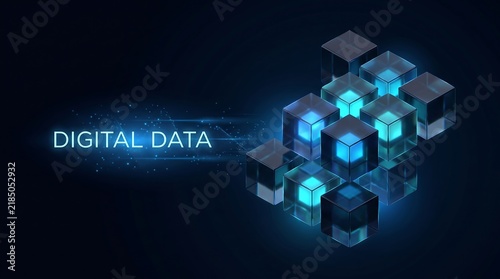 Abstract digital background with glowing cubes representing data storage and information technology concepts in a dark blue environment