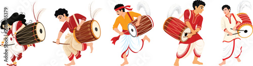 Durga Puja illustration featuring five Bengali dhaki musicians playing traditional dhak drums in varied poses and colorful red, white and orange attire, capturing the energetic rhythm and cultural spi