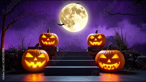 Halloween Night with Spooky Jack-o'-Lanterns, Full Moon, and Flying Bats Against a Purple Sky