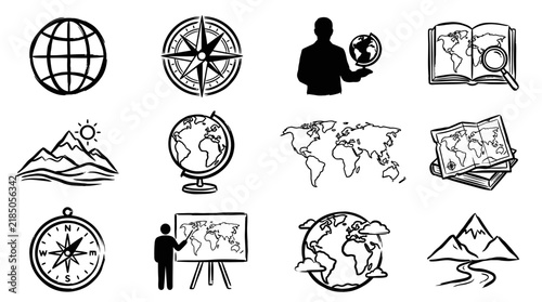 Hand-Drawn Geography Icons: Globes, Compasses, Maps, Mountains, and Education