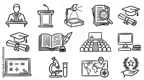 Education Icons: Graduation, Books, Science, Map, Computer, Presentation