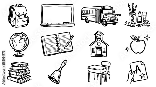 School Supplies and Icons Collection: Backpack, Bus, Globe, Books, Apple, Bell
