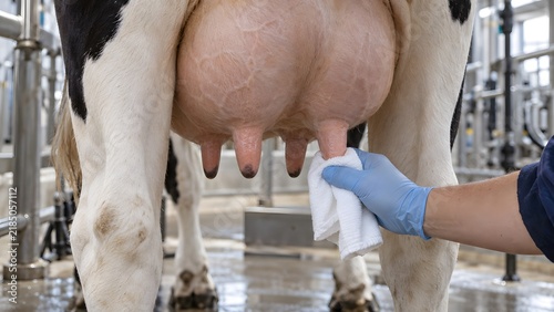 A worker wearing a blue glove cleans a cow udder with a white cloth indoors with preparation milking inside modern industrial facility person wearing protective