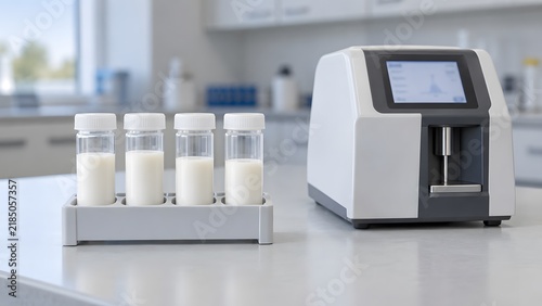 Automated dairy analysis device and glass vials with white liquid samples on a laboratory table with instrument sits laboratory plastic rack with laboratory bench next