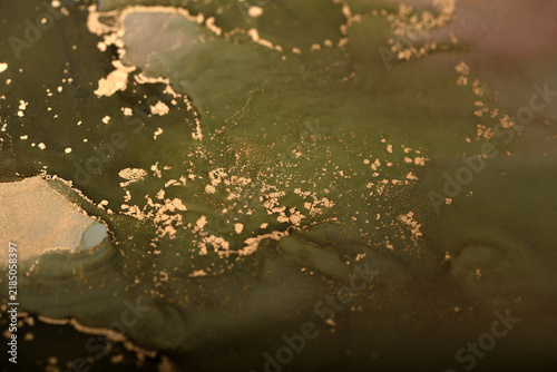 Abstract background of swamp-green and gold swirls; close-up photo.