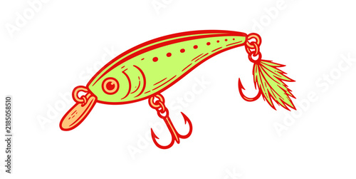 Green Fishing Lure Illustration with Red Hooks and Feather Tail