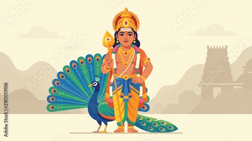 Lord Murugan with Vel spear and peacock in detail	