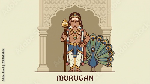 Lord Murugan with Vel spear and peacock in detail	